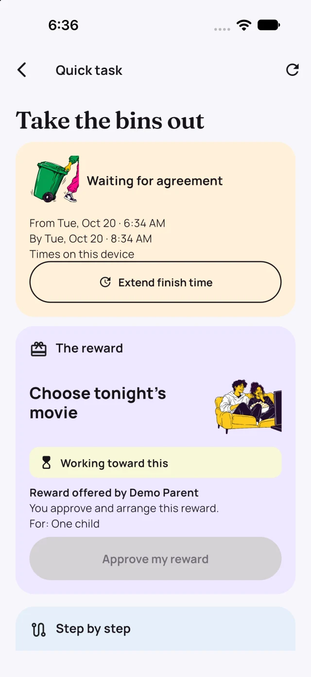 Actual Perko Quick Task screen: Take the bins out, its time window, waiting for agreement, and the named reward giver.