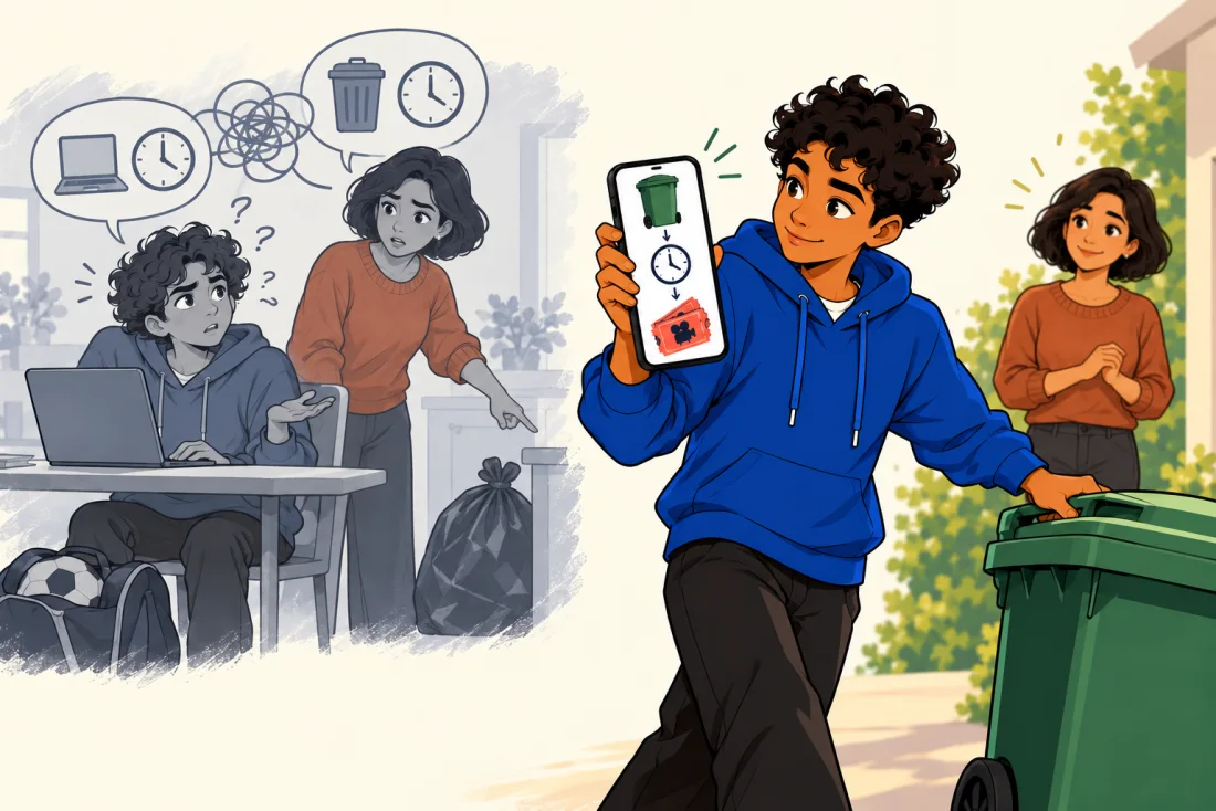 A teen overwhelmed by competing requests sees one manageable next step on their phone.