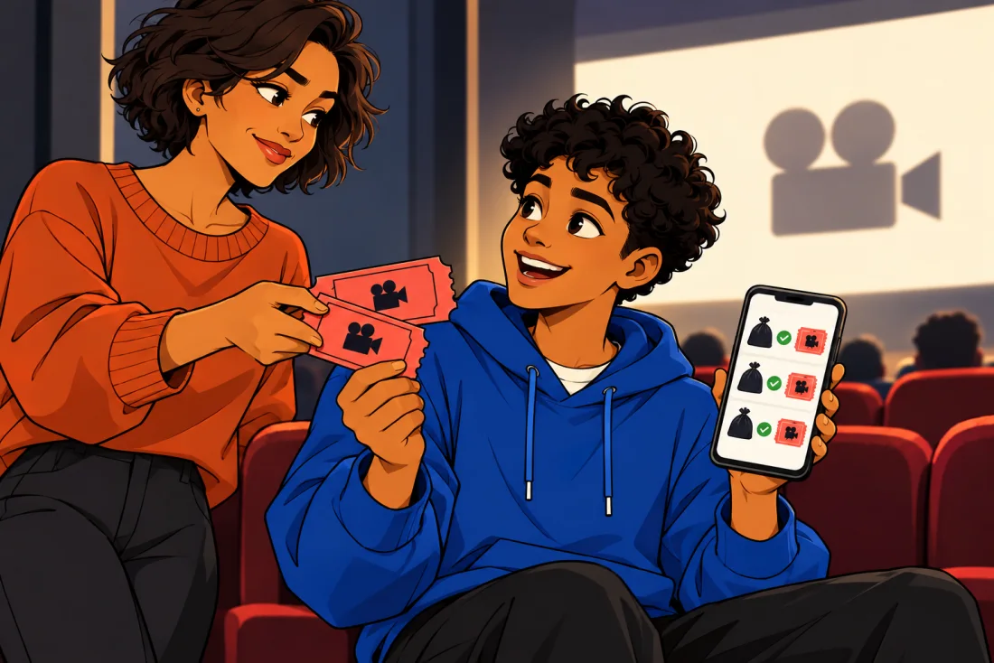 A smiling teen receives cinema tickets from their parent: the agreed reward becomes a shared experience.