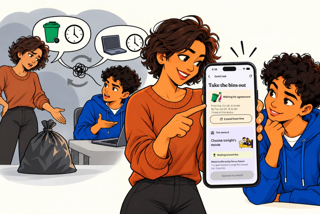 Illustrated example: a parent asks about the bins while her teen is busy with homework; together they look at a clear task and reward in Perko.