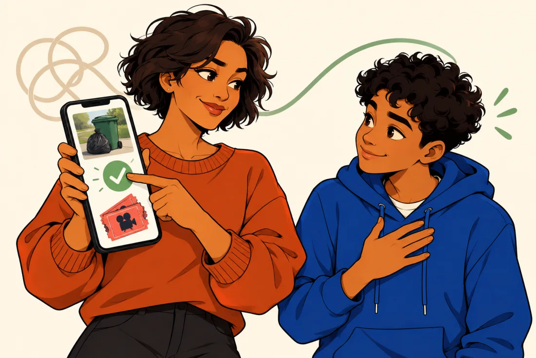 A parent acknowledges completed work in the app and approves the promised movie reward.